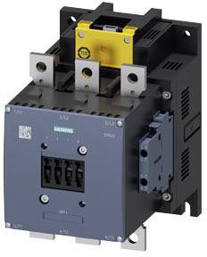 Ein elektrischer Schütz von Siemens mit gelbem Griff und Sichtfenster. Hauptkomponenten und Anschlüsse sind erkennbar.