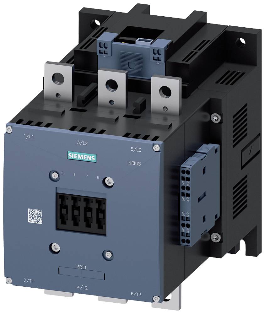Ein elektrischer Schütz von Siemens mit mehreren Anschlussklemmen und einem blauen Gehäuse, geeignet für industrielle Anwendungen.