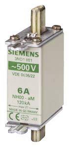Eine Siemens-Sicherung, 500 V, 6 A, Modell 3ND1-801, geeignet für NH00-Träger, hergestellt in Deutschland.