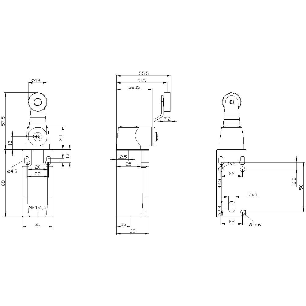 Technische Zeichnung eines mechanischen Bauteils mit drei Ansichten: Vorder-, Seiten- und Draufsicht. Maße und Gewindeangaben sind enthalten.