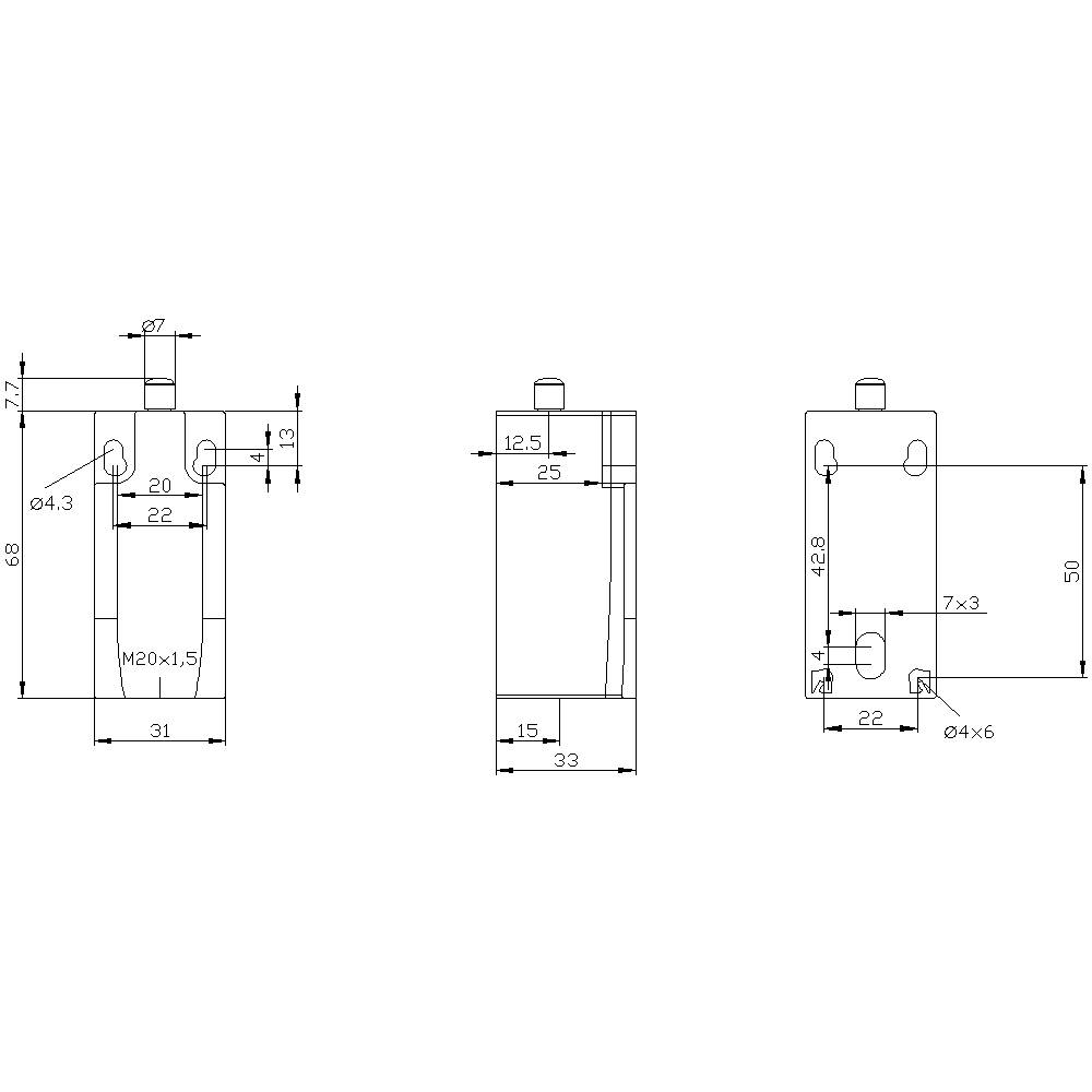 Technische Zeichnung eines Bauteils mit Maßen: Breite 31 mm, Höhe 50 mm, Tiefe 33 mm. Enthält Bohrungspositionen und Gewindeangaben.