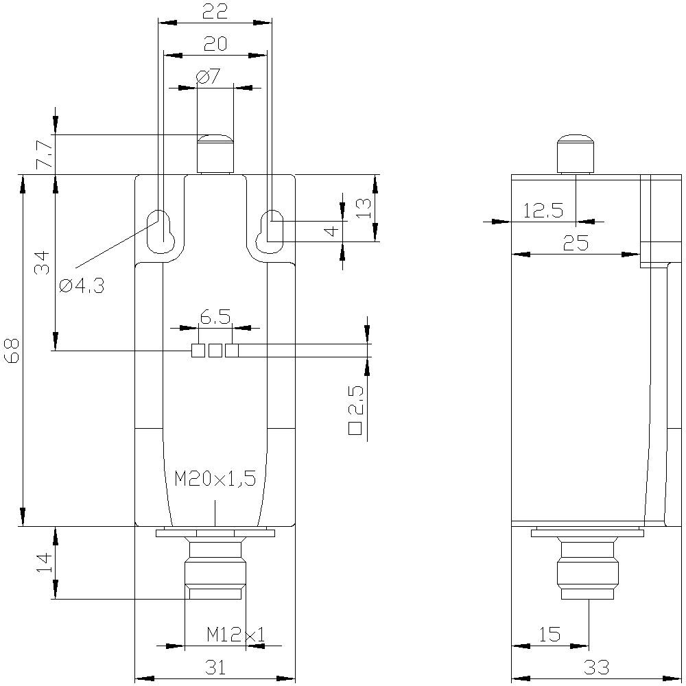 Technische Zeichnung eines Bauteils mit Maßen. Enthält Angaben wie Höhe, Breite, Lochdurchmesser und Gewindegröße.