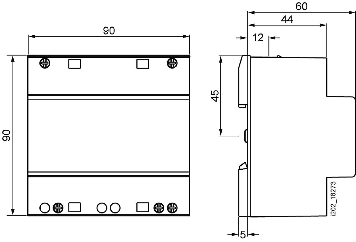 Technische Zeichnung eines rechteckigen Geräts mit Abmessungen: Breite 90 mm, Höhe 90 mm, Tiefe 60 mm. Seitenansicht zeigt Tiefe.