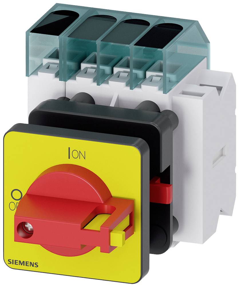 Ein roter Schalter auf einem gelben und schwarzen Hintergrund zeigt die Positionen 'ON' und 'OFF' an. Er gehört zu einem Siemens-Gerät.