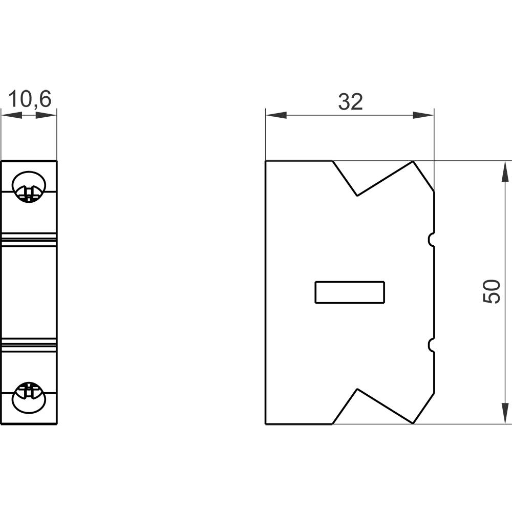 Technische Zeichnung eines Bauteils mit Maßangaben: Höhe 50 mm, Breite 32 mm, Seitentiefe 10,6 mm. Zeigt Schnittkanten und Bohrungen.