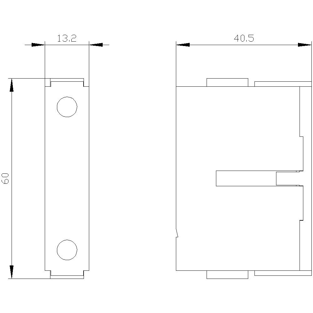 Zwei technische Zeichnungen eines rechteckigen Bauteils mit Maßen: Links 13,2 x 60, rechts 40,5 (Breite).