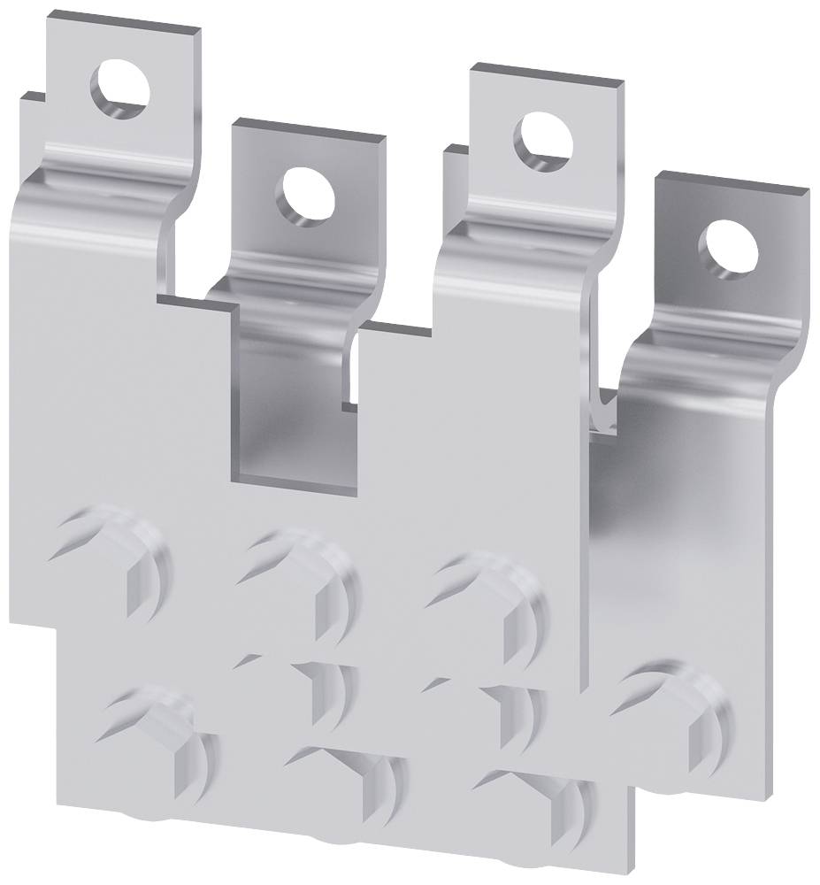 Ein silbernes, metallisches Befestigungselement mit mehreren Bohrlöchern. Es scheint für elektrische Anwendungen konzipiert zu sein.