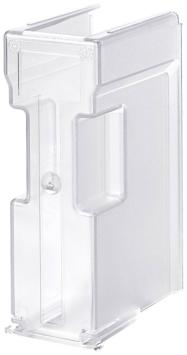 Ein durchsichtiger Kunststoff-Magazinhalter, stehend, mit offenem Schlitz oben für Zeitschriften oder Broschüren.