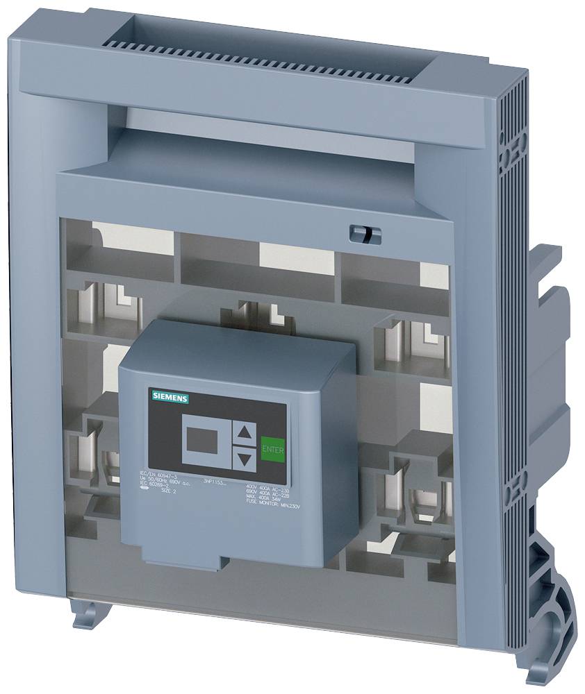 Ein grau-blauer elektrischer Leistungsschalter mit digitalem Display und Kontrolltasten, zur Regulierung und Überwachung von Stromkreisen.