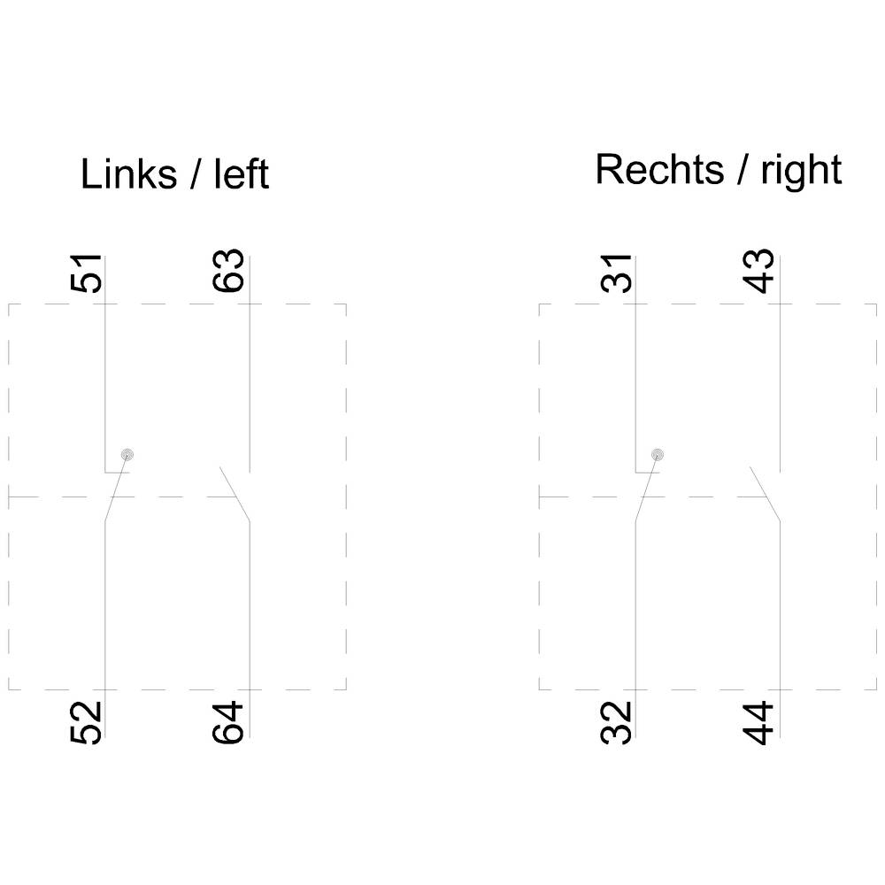'Links / left': 51, 52, 63, 64. 'Rechts / right': 31, 32, 43, 44. Diagramm mit zwei Spalten, nummerierte Positionen, zweisprachig.