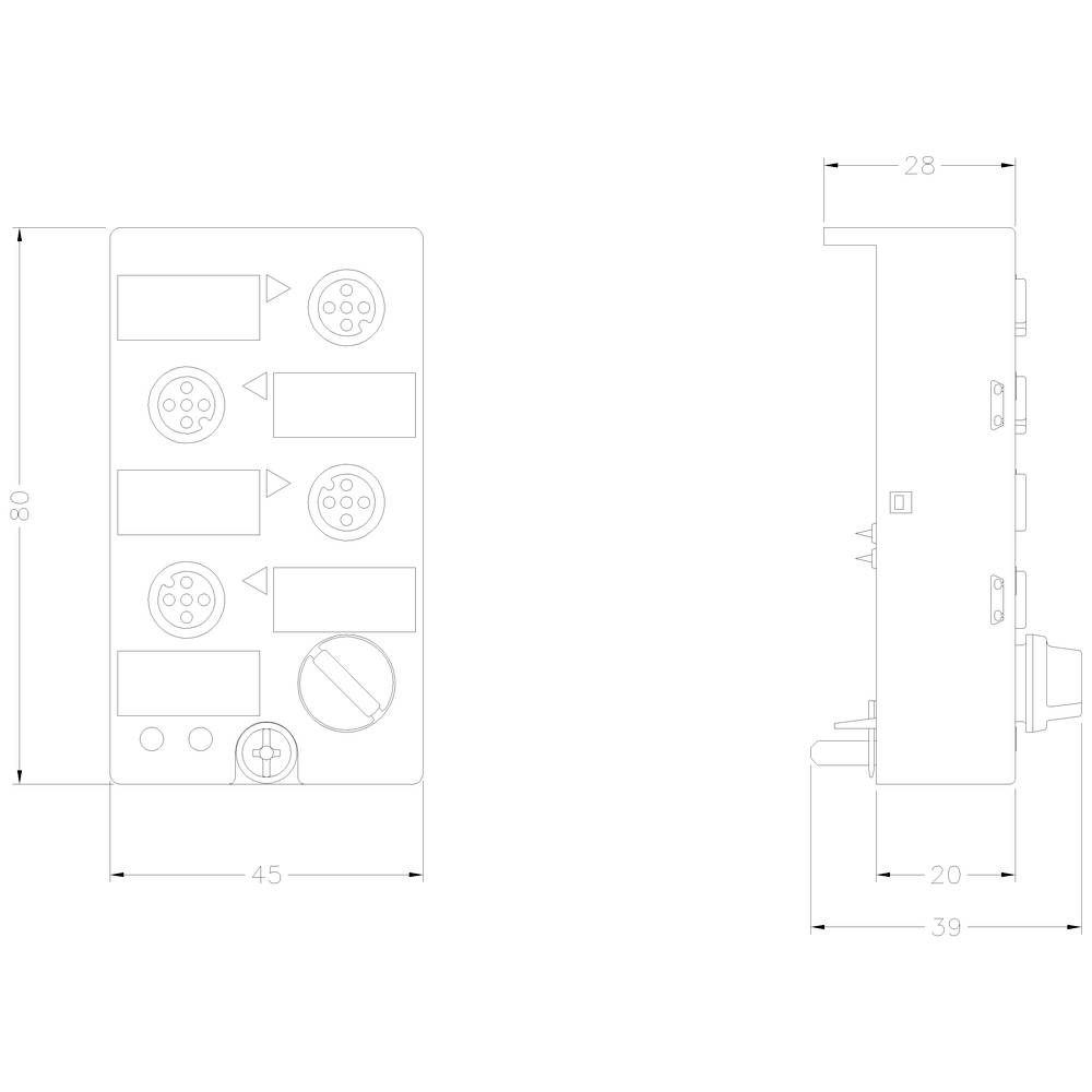 Technische Zeichnung eines rechteckigen Geräts mit vier kreisförmigen Anschlüssen und einem Drehknopf. Abmessungen: 80x45x28 mm.