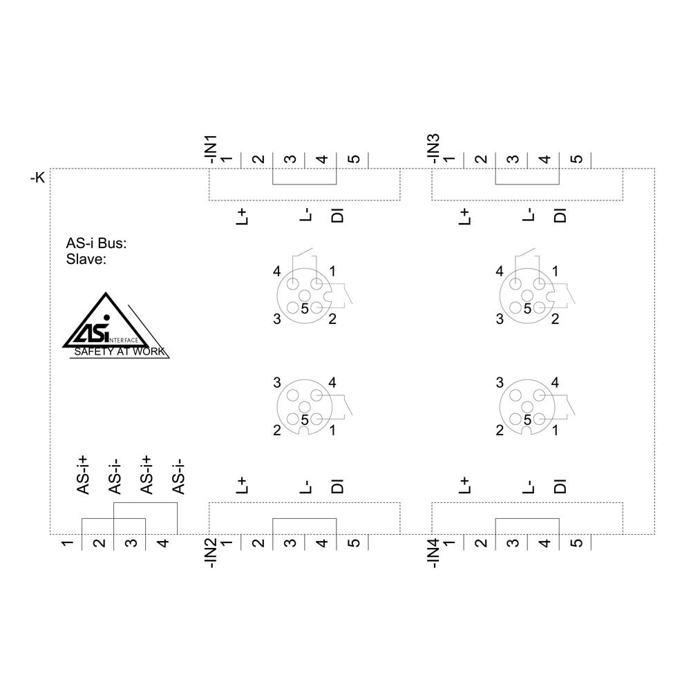 'AS-i Bus: Slave' elektrisches Schaltplan-Diagramm mit AS-i Logo. Zeigt Anschluss-Punkte und Signalverbindungen an vier Positionen.