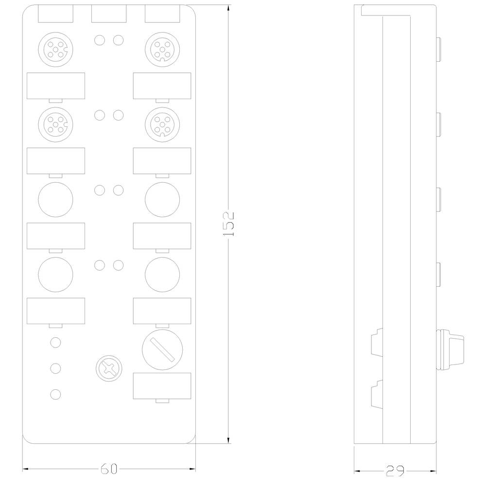 Technische Zeichnung zeigt die Vorder- und Seitenansicht eines rechteckigen elektronischen Bauteils mit Anschlussbuchsen und Abmessungen.