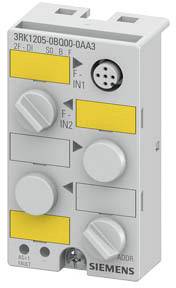 Ein graues Siemens Bauteil mit Steckverbindungen und gelben Markierungen. Modellnummer 3RK1205-0B000-0AA3 ist sichtbar.