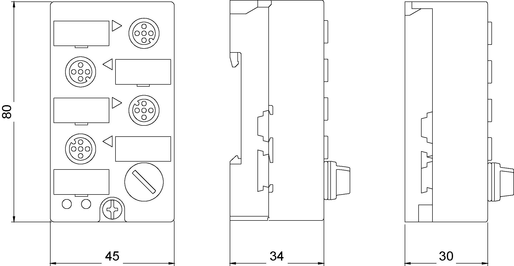 Diagramm eines elektrischen Geräts mit verschiedenen Anschlussarten, Maße: 80 x 45 x 34 mm, seitliche Anschlüsse sichtbar