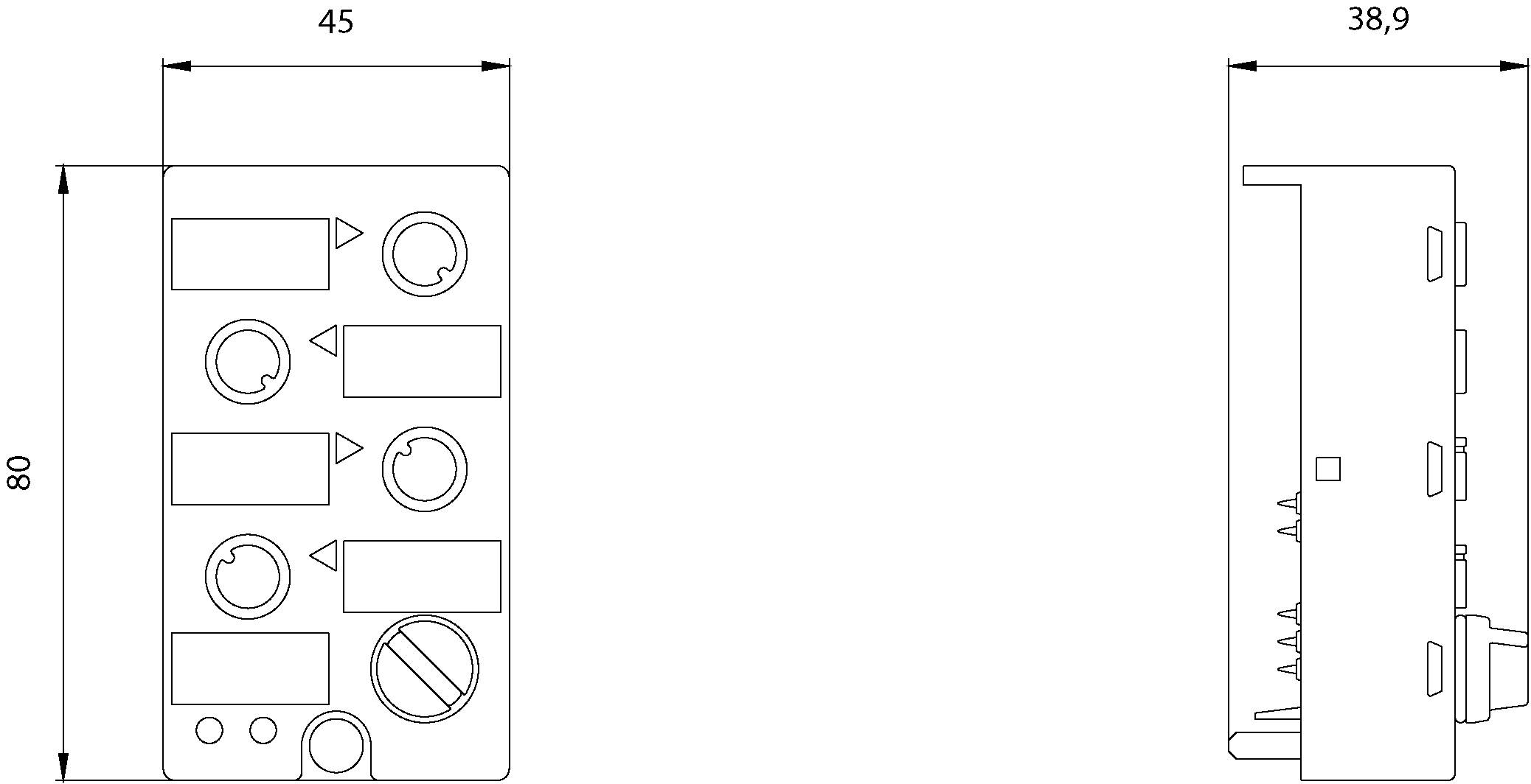Technische Zeichnung eines elektronischen Bedienfelds mit Maßen 80 mm x 45 mm x 38,9 mm, zeigt Knöpfe und Schalter.