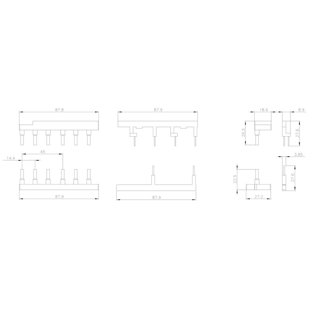 Konstruktionszeichnung mit mehreren Ansichten eines Bauteils. Maße sind in Millimetern angegeben. Seitliche und frontale Ansichten sind dargestellt.