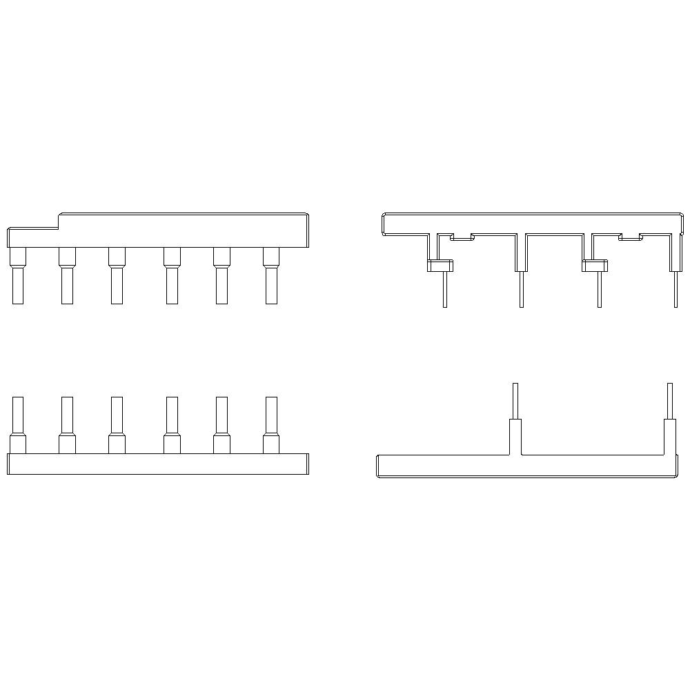 Ein Strichzeichnung eines elektronischen Bauteils, möglicherweise ein IC-Chip, mit seitlichen und Vorderansichten, zeigt Pins und Layout.