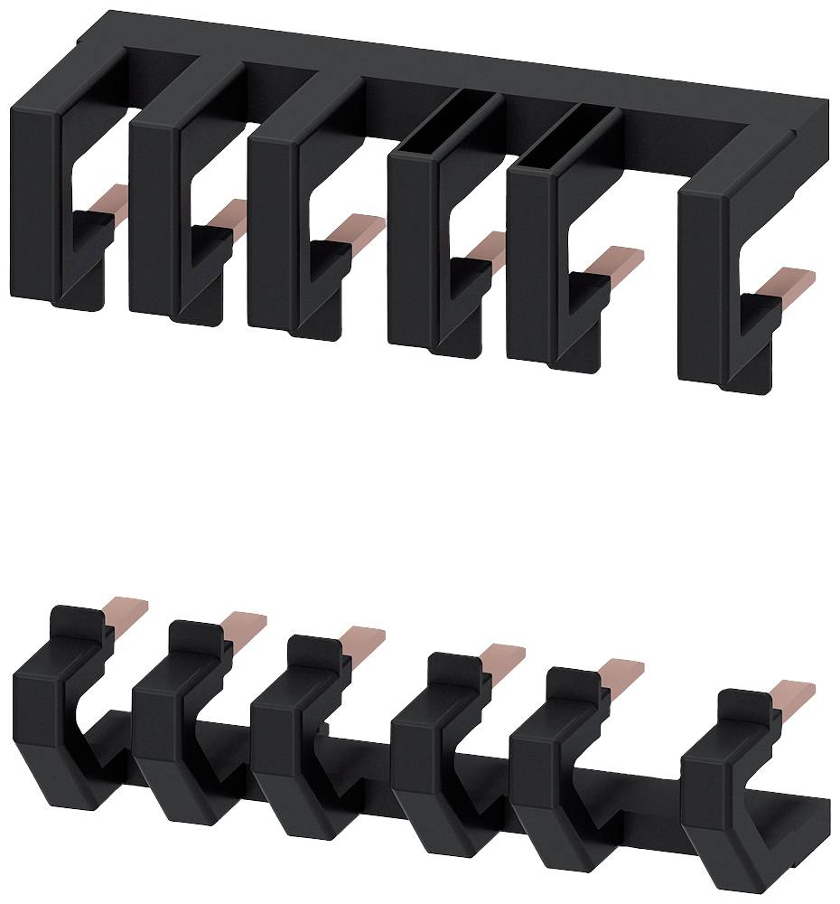 Schwarzes Kunststoffbauteil mit Kupferkontakten, das wie ein kleiner, rechteckiger Halter mit mehreren parallelen Schlitzen aussieht.