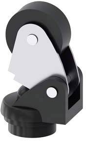 Ein schwarzes und silbernes Rad mit einer eingebauten Halterung, wahrscheinlich Teil eines Möbelstücks oder technischen Geräts.