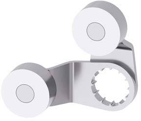 Metallverbindungsstück mit zwei runden Enden oben und einer gezahnten Öffnung unten, möglicherweise für mechanische Befestigungen.