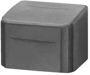 Ein schwarzer, würfelförmiger Kunststoffblock mit abgerundeten Ecken.