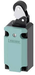 Ein türkis-schwarzer Endschalter mit Rollenhebel von Siemens, zur Steuerung von elektrischen Anlagen, abgebildet von vorne.