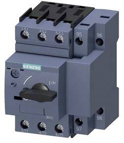Blauer Siemens Motorschutzschalter mit Drehschalter und mehreren Schraubklemmen für elektrische Anschlüsse.