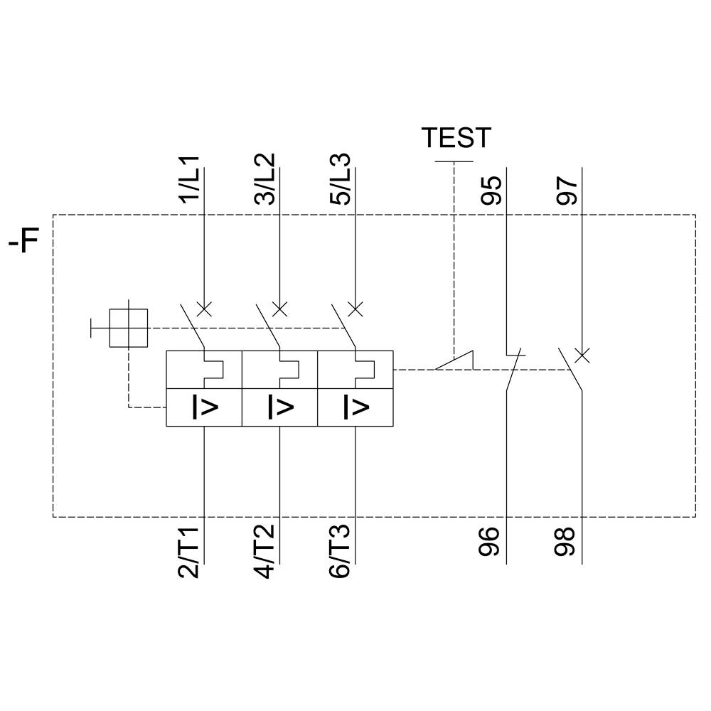 Schaltungsdiagramm mit sechs Kontakten (1/1L, 3/L2, 5/L3, 2/T1, 4/T2, 6/T3), TEST-Schalter und Verbindungen zu Punkten 95, 96, 97, 98.