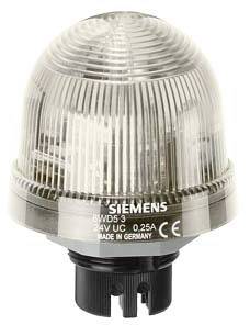 Eine durchsichtige, kuppelförmige LED-Leuchte mit schwarzer Basis. Aufschrift: 'Siemens BWS3, 24V UC, 0.25A, Made in Germany, CE'.