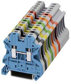 Ein mehrstöckiger, farblich codierter Reihenklemmenblock zur elektrischen Verdrahtung, zeigt mehrere Anschlussstellen in verschiedenen Farben.
