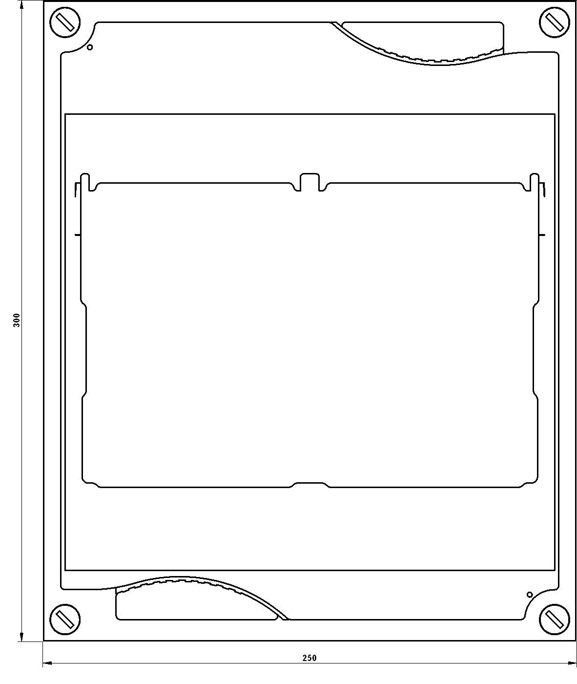 Technische Zeichnung eines rechteckigen Gehäuses mit den Maßen 250 mm x 350 mm. Zeigt Öffnungen an den Ecken und der Mitte.
