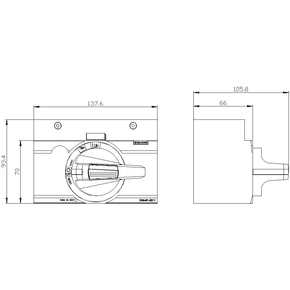 Technische Zeichnung eines Schalters mit Abmessungen: Breite 137.6 mm, Höhe 70 mm, Tiefe 105.8 mm. Ansicht von vorne und Seite.