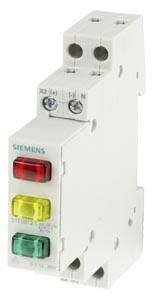 Ein elektrischer Modulleuchtmelder von Siemens mit drei horizontalen Lichtern: rot, gelb und grün, montiert auf einer weißen Halterung.
