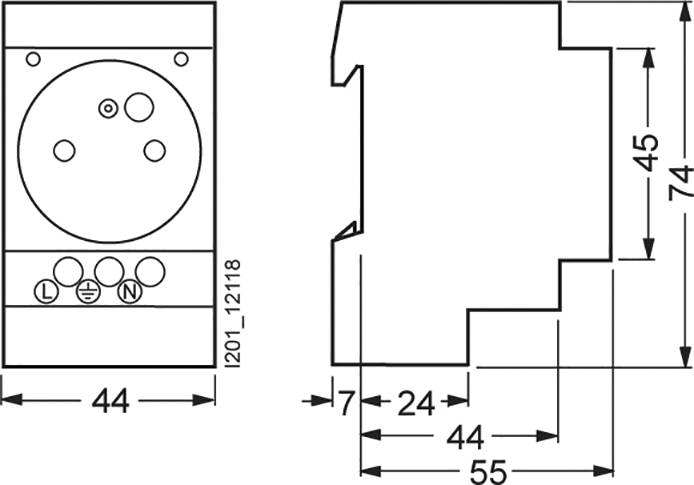 Technische Zeichnung einer elektrischen Komponentenhalterung. Maße: Breite 44 mm, Höhe 74 mm, mit detaillierten Anschlusspositionen.