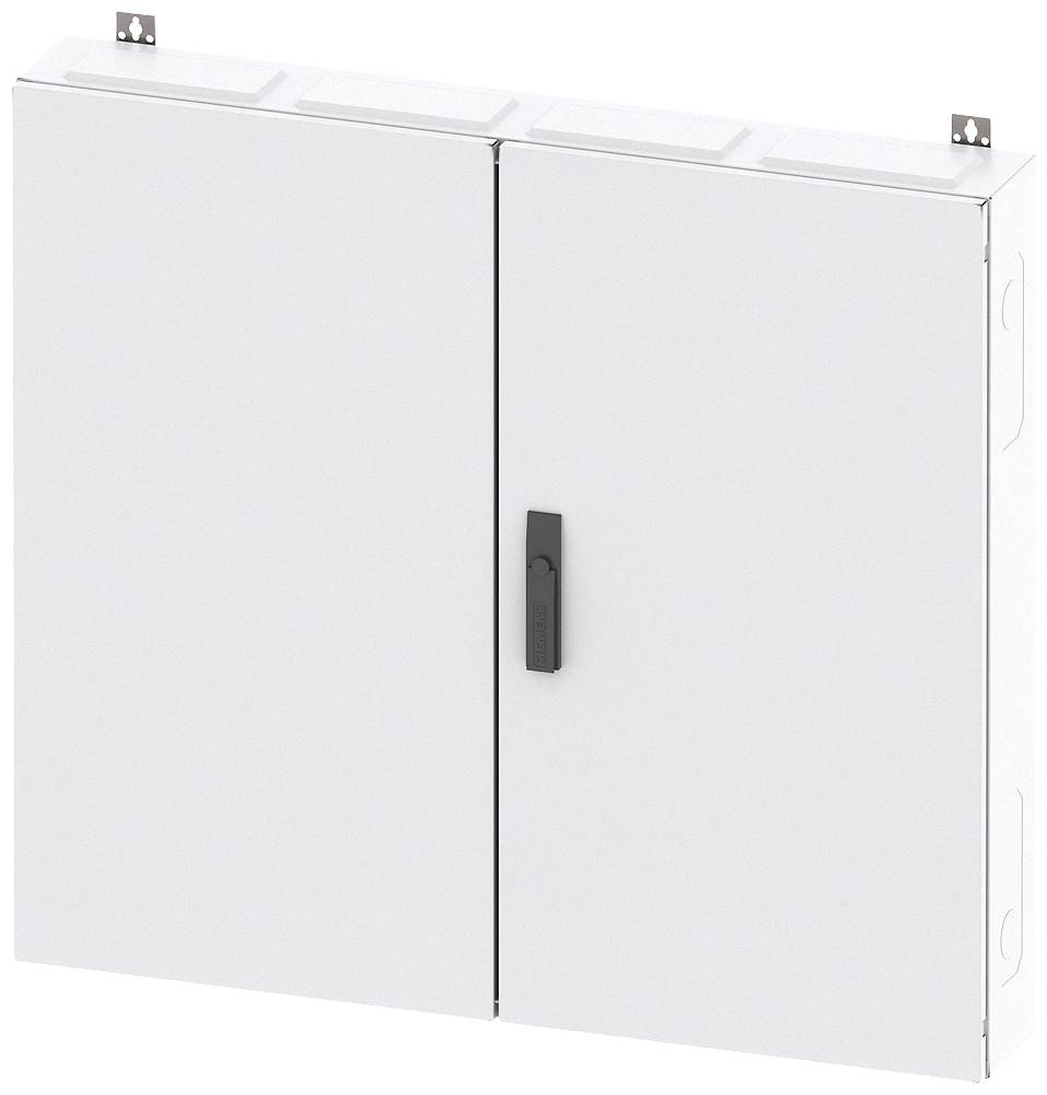 Ein weißer, rechteckiger Metallschrank mit zwei Türen und einem schwarzen Griff, montiert an der Wand.