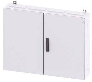 Metall-Elektrogehäuse mit zwei Türen, geeignet zur Wandmontage.