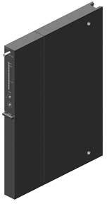 Ein schwarzes, rechteckiges Objekt mit Knöpfen und Kontrollleuchten an der Seite, möglicherweise ein elektronisches Gerät oder eine Bedienkonsole.