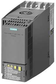 Abbildung eines grauen industriellen Antriebsgeräts der Marke Siemens mit Lüfter oben und Warnhinweisen unten an der Vorderseite.