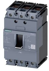 Ein grauer elektrischer Leistungsschalter mit mehreren Anschlüssen und Hebel, mit Siemens-Logo und technischen Spezifikationen bedruckt.