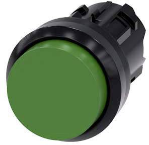 Runder grüner Druckknopf mit schwarzer Umrandung, vor weißem Hintergrund.