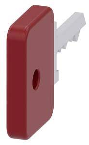 Roter Schlüssel mit rechteckigem Griff und gezacktem Metallteil.