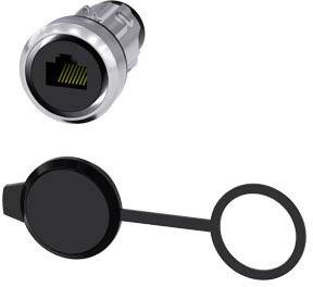 Ein Metallstecker mit einem Netzwerk-Symbol daneben eine schwarze Abdeckung mit einem Ring zum Schutz der Anschlussbuchse.