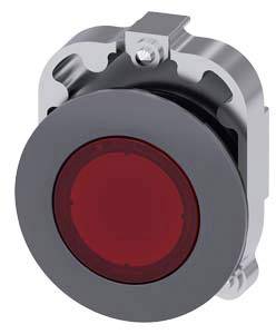Roter Druckknopf in Metallhalterung, frontalansicht.