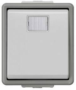 Weiße Steckdose mit grauem Rahmen, geschlossen.