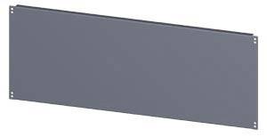 Ein rechteckiges, flaches, graues Metallblech mit Löchern an den Ecken, vermutlich als Abdeckung oder Paneel verwendet.