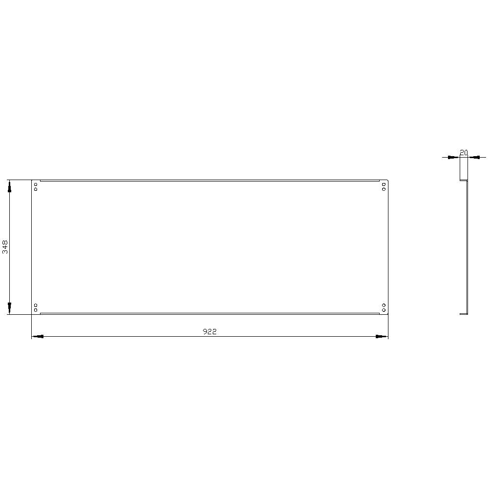 Technische Zeichnung eines rechteckigen Metallstücks, Maße: 922 mm x 316 mm, Dicke: 20 mm, mit Bohrlöchern an den Ecken.