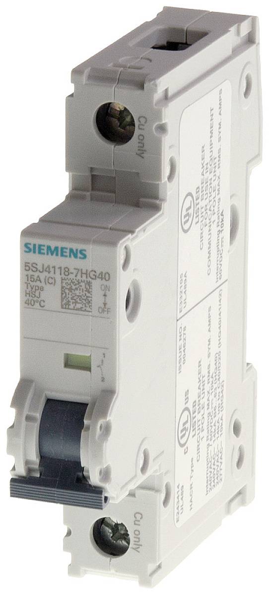 Ein Siemens-Sicherungsautomat, Modell 5SJ4, für 15 Ampere mit charakteristischer Bauform und Beschriftungen für elektrische Installationen.