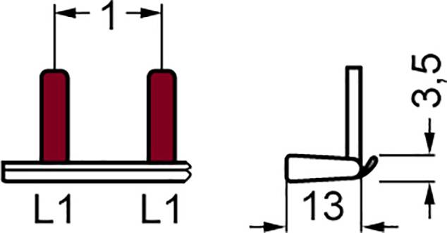 Zeichnung eines Flachsteckers. Links: zwei rote Kontakte, Abstand 1 cm. Rechts: Seitenansicht, Höhe 3,5 cm, Breite 13 cm.