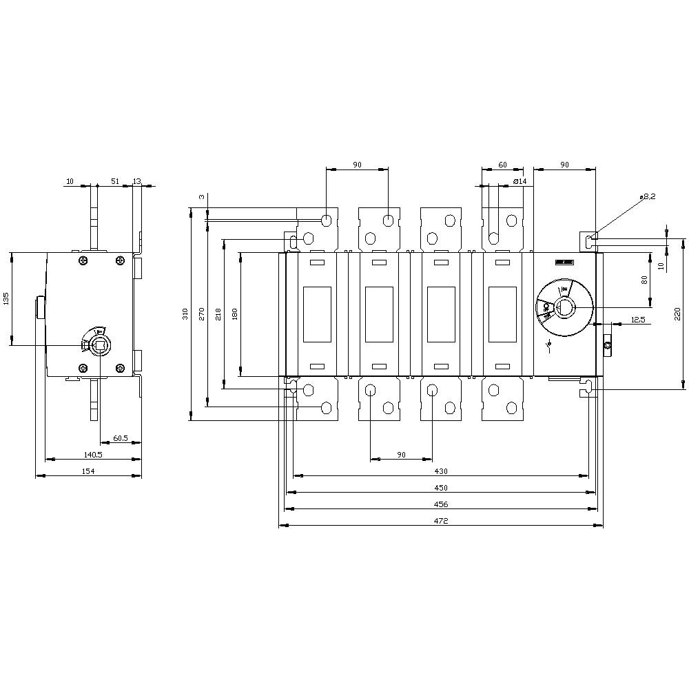 Ein technisches Diagramm zeigt die Front- und Seitenansicht eines elektrischen Schalters mit genauen Maßangaben in Millimetern.